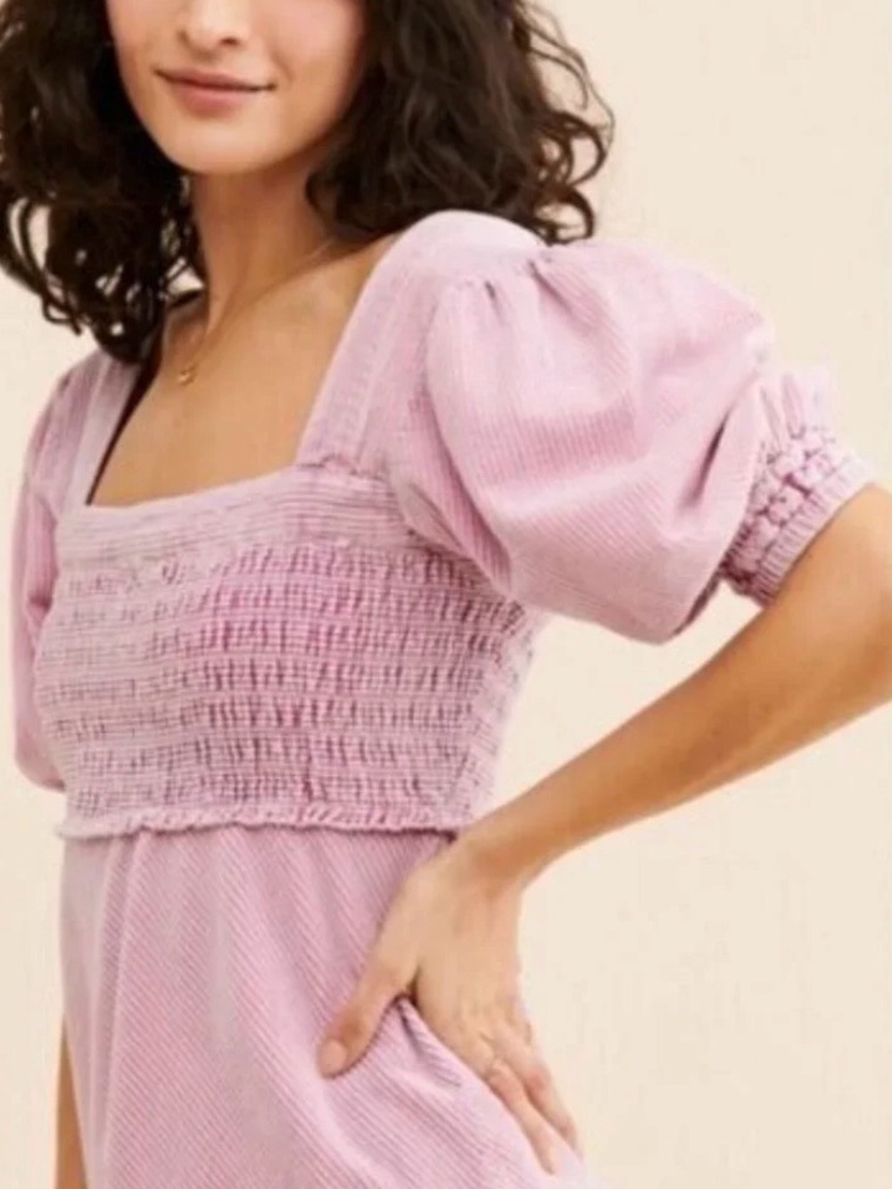 Free People pink corduroy mini dress with a square neck and puffed sleeves - M